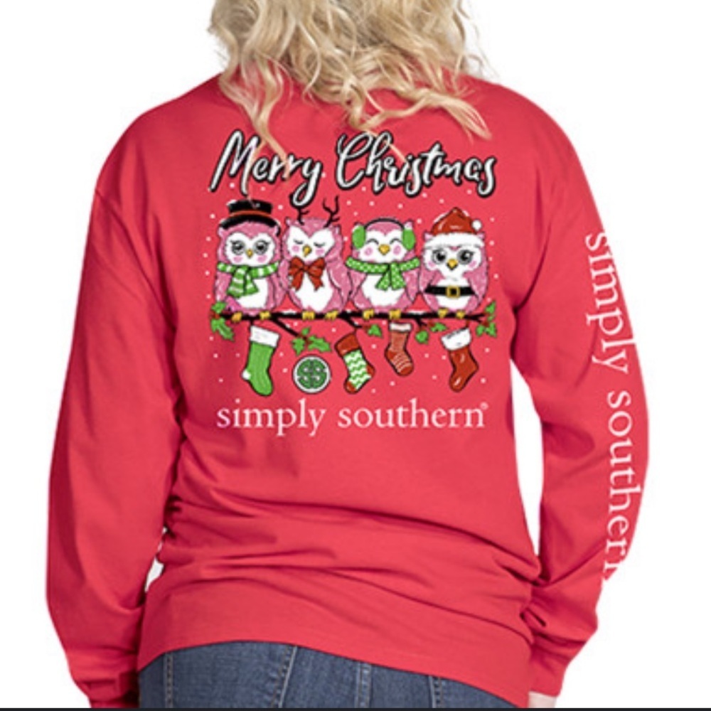 Simply Southern Womens Christmas Owls Graphic Back Long Sleeve Crewneck Top M